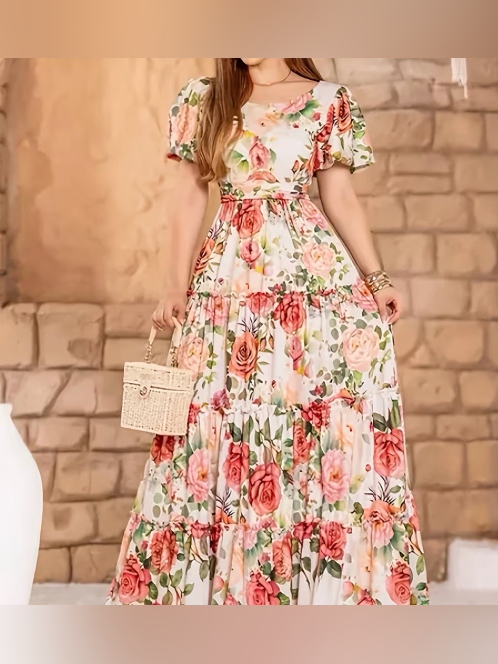 Floral Puff-Sleeve Maxi Dress in White with Pink Roses